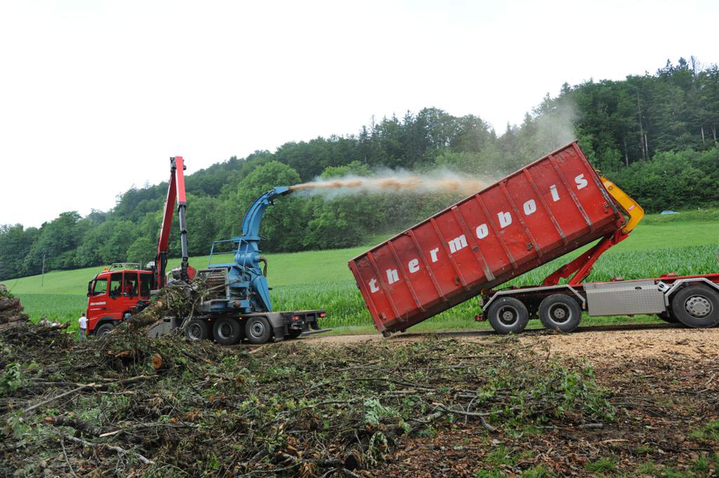 Les cimes sont ensuite déchiquetées en forêt par Thermobois